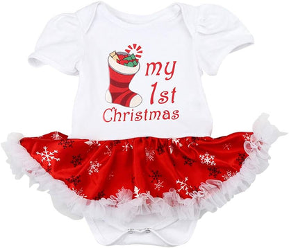 Baby Girls My First 1St Christmas Outfit Romper Tutu Dress + Headband + Shoes Xmas Costume Infant Toddler Eve Clothes