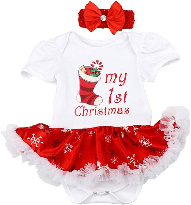 Baby Girls My First 1St Christmas Outfit Romper Tutu Dress + Headband + Shoes Xmas Costume Infant Toddler Eve Clothes