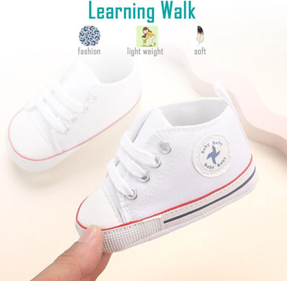 Newborn Baby Girls Boys Canvas Shoes Infant Soft Sole Slip on First Walkers Sneaker Toddler Flat Lazy Loafers High Top Crib Denim Unisex Moccasins Shoe