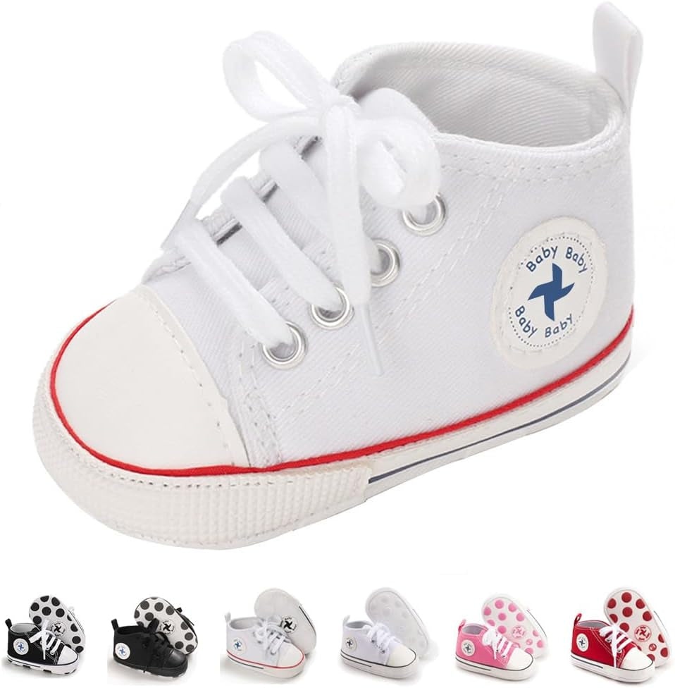 Newborn Baby Girls Boys Canvas Shoes Infant Soft Sole Slip on First Walkers Sneaker Toddler Flat Lazy Loafers High Top Crib Denim Unisex Moccasins Shoe