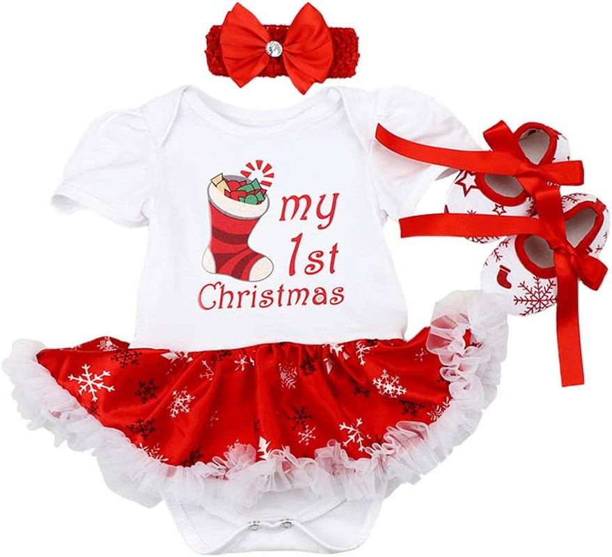 Baby Girls My First 1St Christmas Outfit Romper Tutu Dress + Headband + Shoes Xmas Costume Infant Toddler Eve Clothes